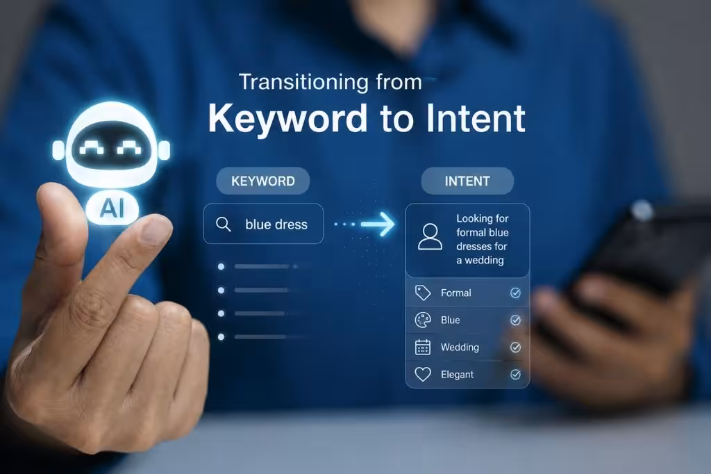 A holographic interface reading “Transitioning from Keyword to Intent,” showing a short keyword search transforming into a detailed intent breakdown.
