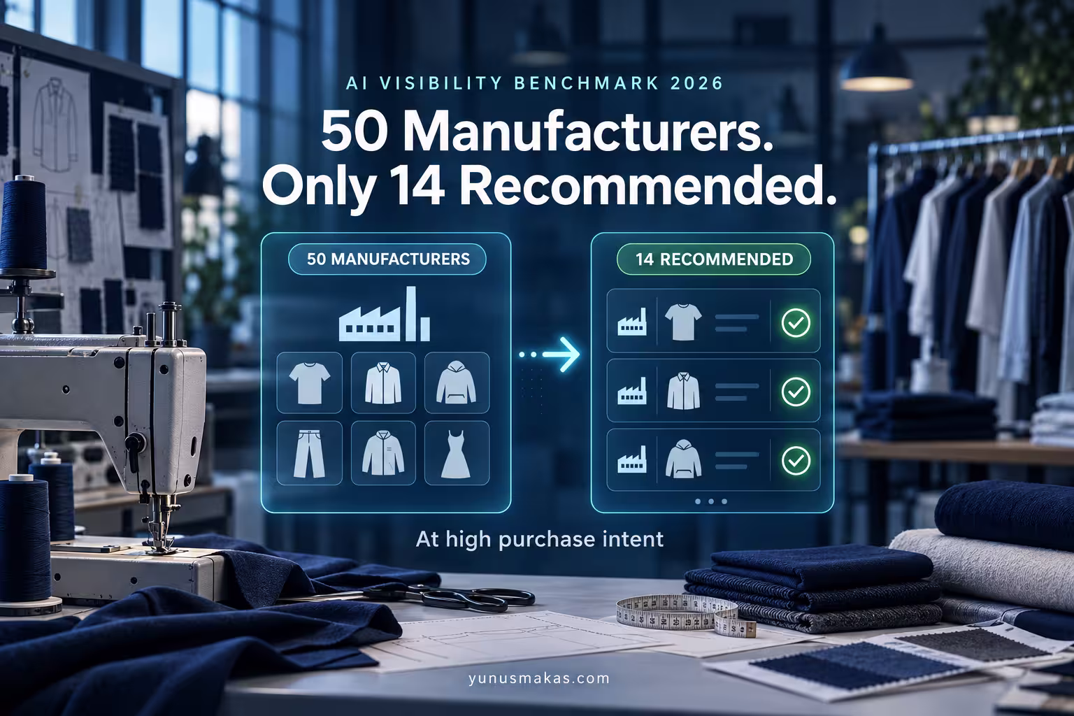 Benchmark cover reading '50 Manufacturers. 14 Recommended by AI. When buyer intent became serious,' with a 3D illustration of textile factories.