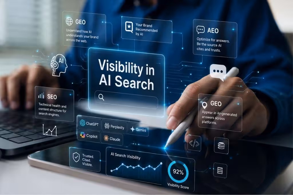 A holographic “Visibility in AI Search” dashboard showing GEO, SEO, and AEO tags, ChatGPT, Perplexity, Gemini, Copilot, and Claude logos, and a 92% AI search visibility score.