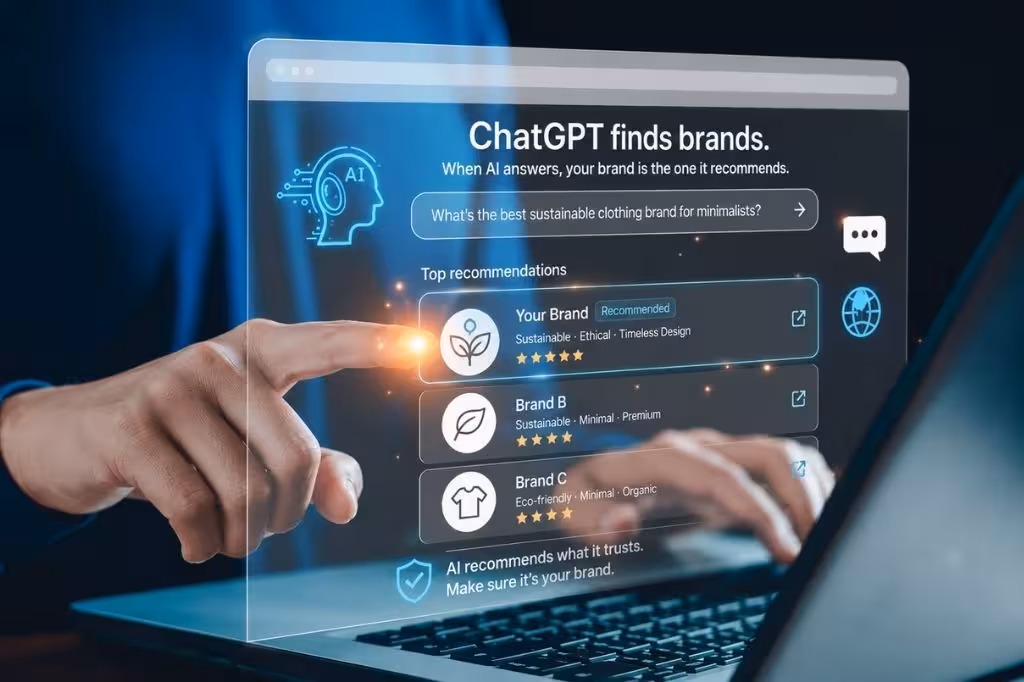 A holographic interface above a laptop reading “ChatGPT finds brands,” showing a list of top brand recommendations for an AI search query.